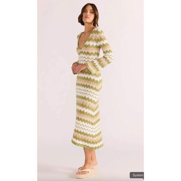 Minkpink Revolve Melody Knit Midi Dress Size XL Green Stripe Cotton Sweater - Picture 3 of 9